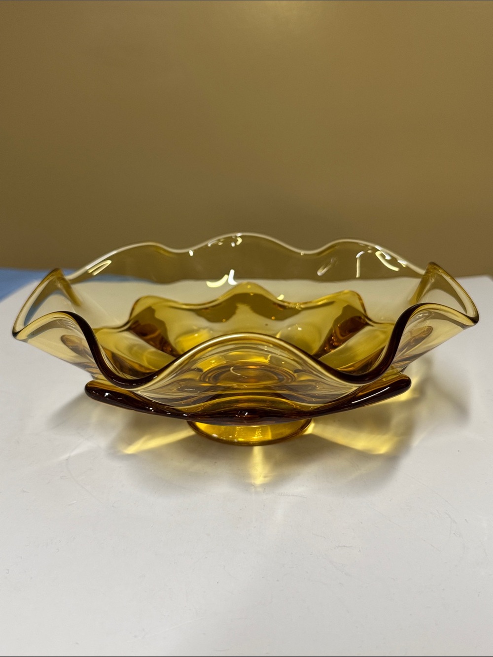 Viking Glass Amber Epic Double Ruffle Bowl 8.5” diameter